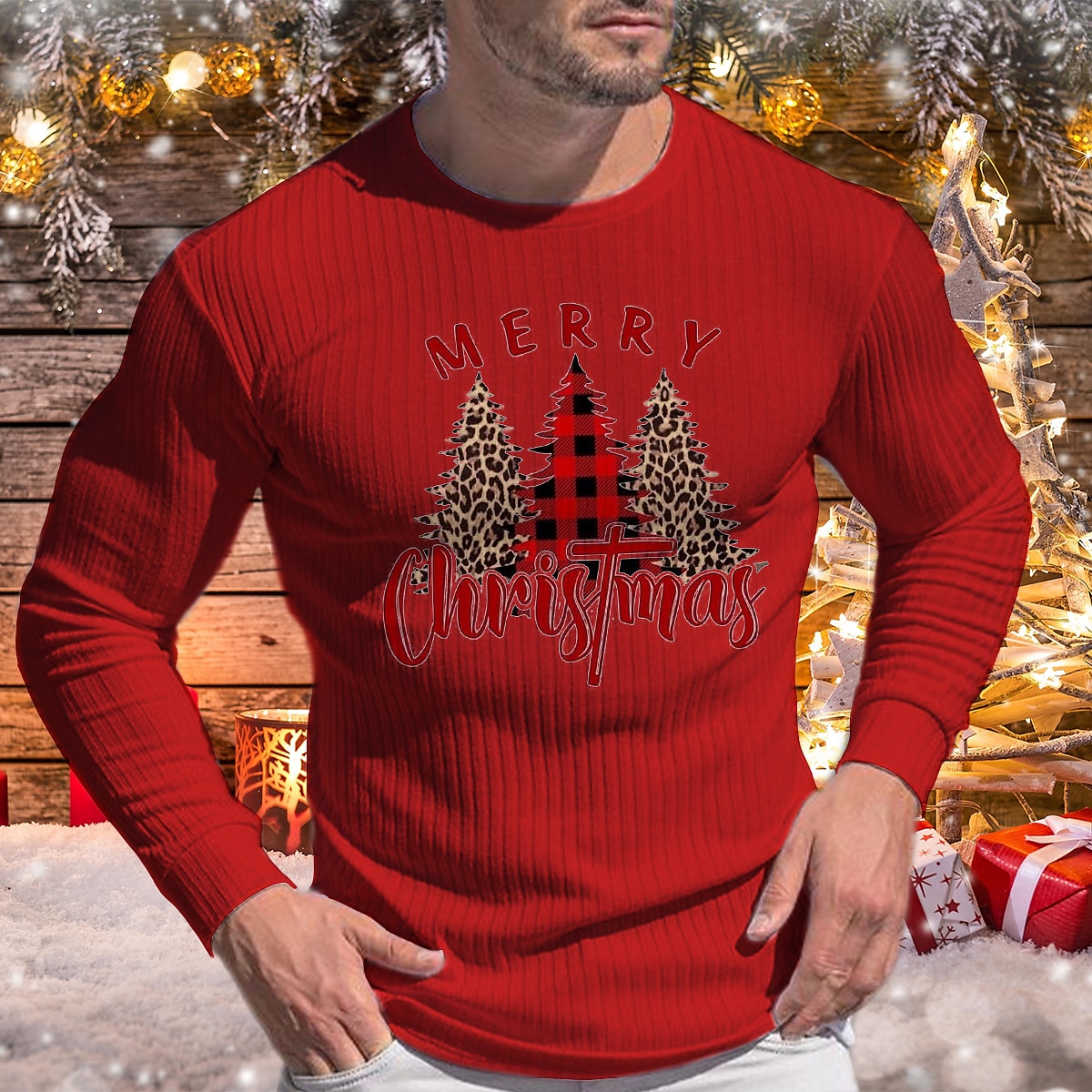 Men's Christmas Print Crew Neck Street Long Sleeve Casual Shirt