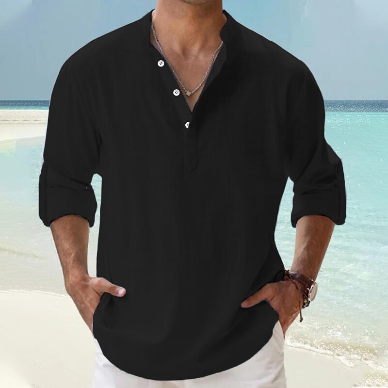 Men's Linen Shirt Popover Shirt Casual Shirt Beach Shirt Black White Pink Long Sleeve Plain Henley Hawaiian Top