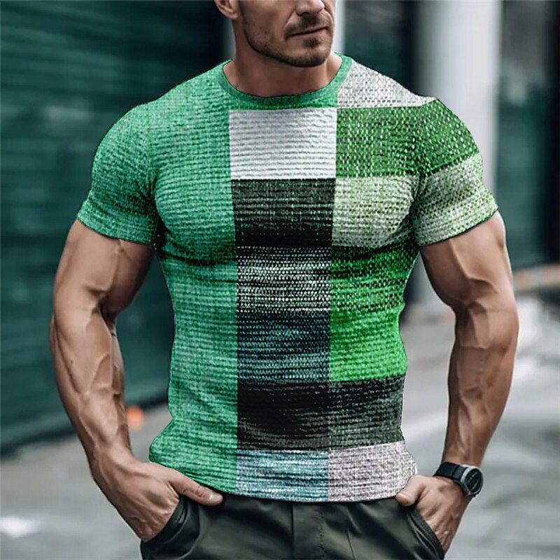 Men's Waffle T Shirt Graphic Plaid Crew Neck Print Outdoor Street Short Sleeve Casual Top
