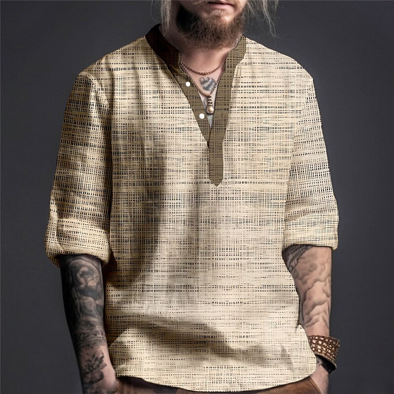 Men's Linen Shirt Plaid / Check Graphic Prints Stand Collar Outdoor Street Long Sleeve Print Linen Casual Shirt 