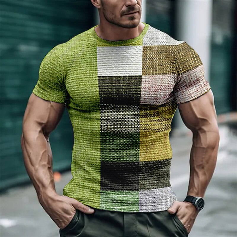 Men's Waffle T Shirt Graphic Plaid Crew Neck Print Outdoor Street Short Sleeve Casual Top