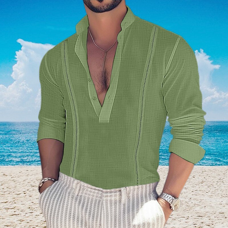 Men's Linen Shirt Button Up Summer Beach Shirt Long Sleeve Color Block Standing Collar Spring & Summer Casual Daily Top