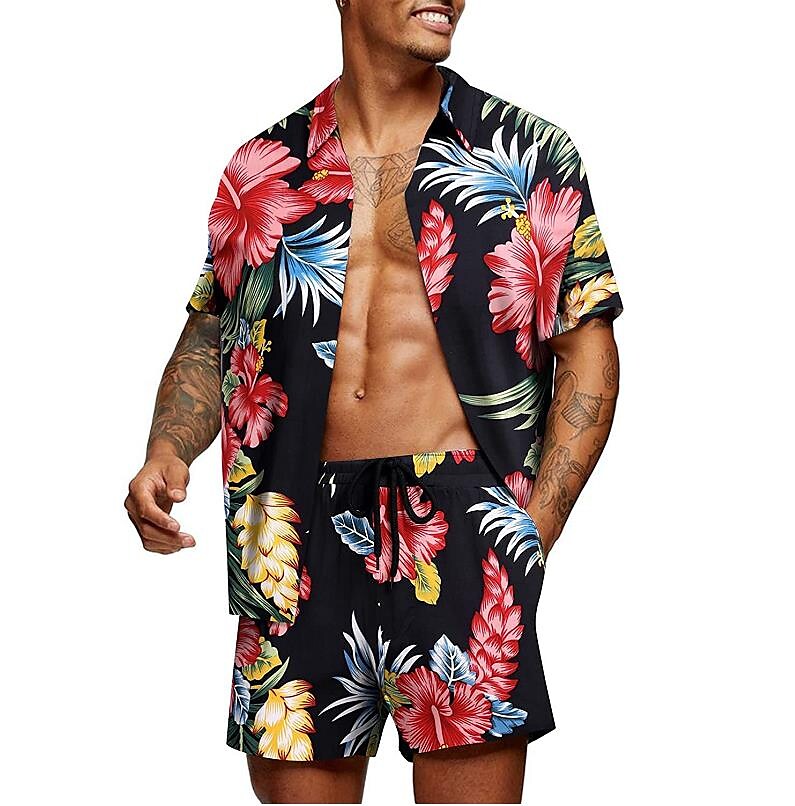 Men's Two Pieces Set Hawaiian Shirt Aloha Shirt Floral Turndown 3D Pri
