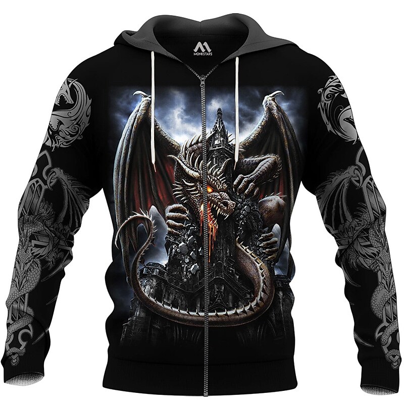 Men's Casual Full Zip Hooded Dragon Print Outdoor Sport Sweatshirt
