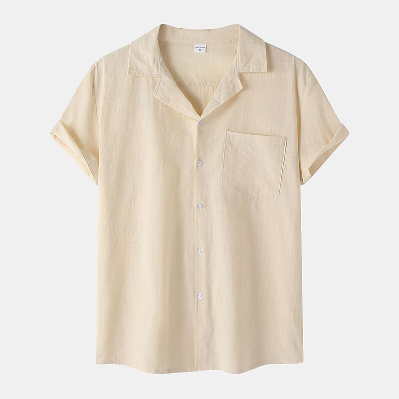 Men's Linen Shirt Summer Shirt Casual Shirt Cuban Collar Shirt Black White Yellow Short Sleeve Plain Lapel Spring & Summer Hawaiian Holiday Clothing Apparel Pocket