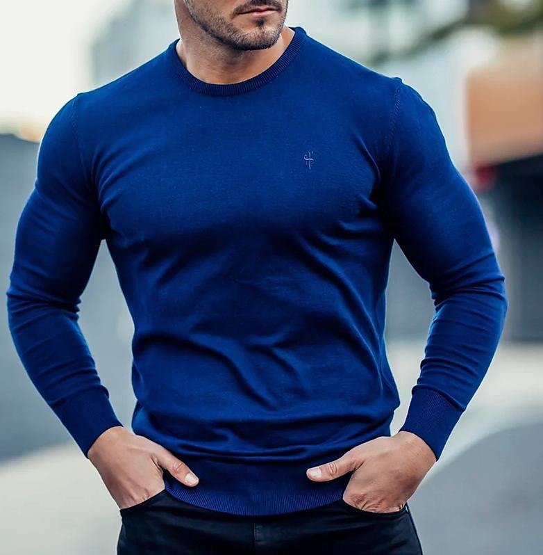 Men's Casual Knitted Long-sleeve Round Neck Slim Solid Color Shirt