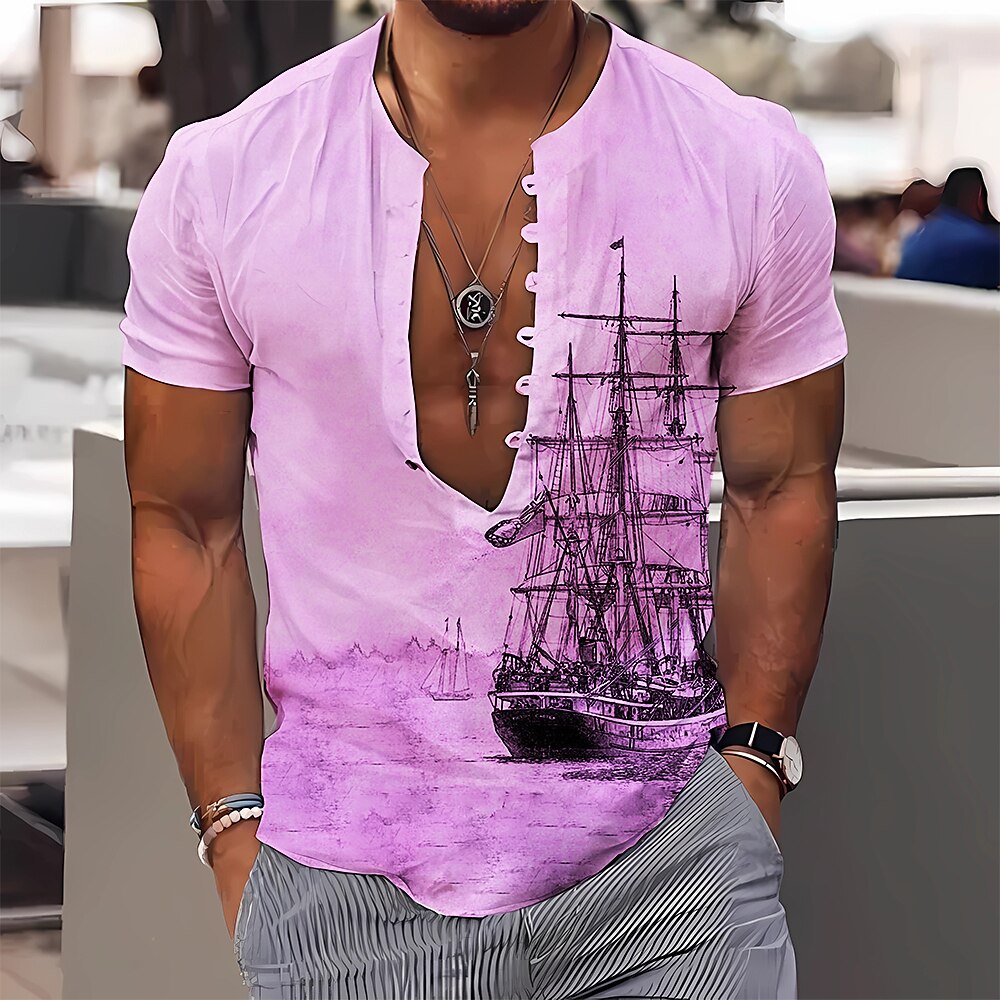 Men's Shirt Graphic Prints Vintage Sailboat Stand Collar Outdoor Street Short Sleeves Print Casual Comfortable Top