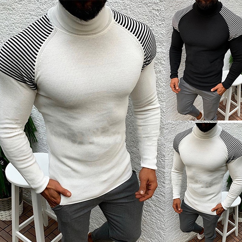 Men's Sweater Pullover Sweater Jumper Ribbed Knit Cropped Knitted Stripes Turtleneck Keep Warm Modern Contemporary Work Daily Wear Clothing Apparel Fall & Winter Black White S M L