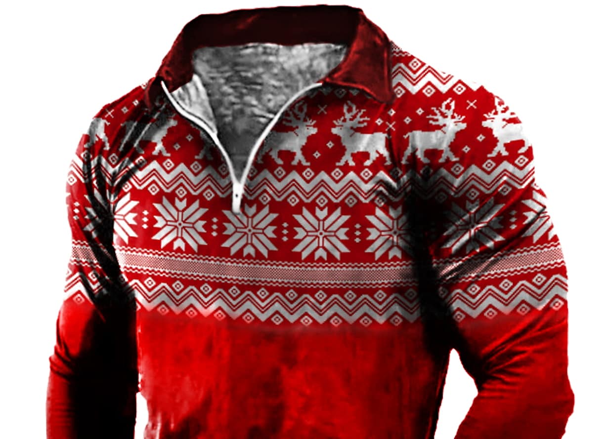 Men's Turndown Red Christmas Print Long Sleeve Zipper Sweatshirt