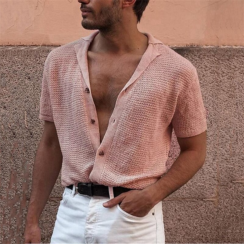 Men's Casual Street Solid Color Turndown Short Sleeve Breathable Tops