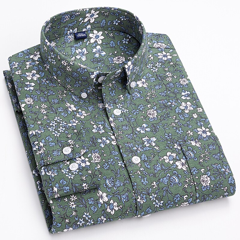 Men's Oxford Solid Color Floral Button Down Collar Long Sleeve Shirt
