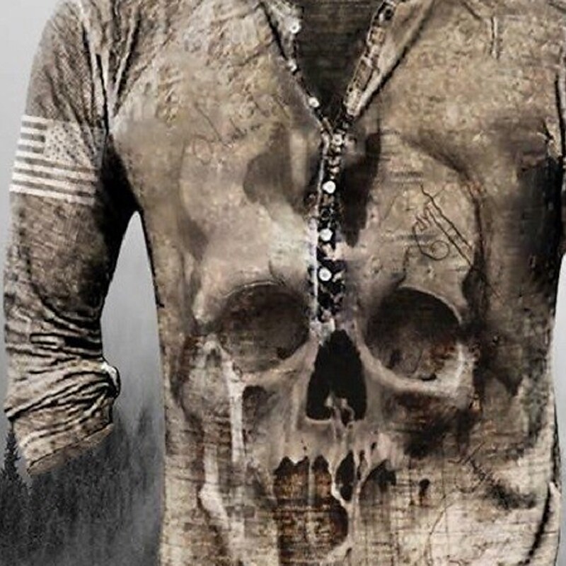 Men's Henley Shirt T shirt Tee Graphic Patterned Skull Plus Size Henley Street Casual Button-Down Print Long Sleeve Tops 