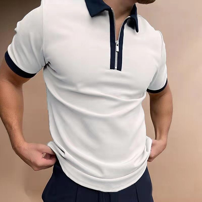 Men's Golf Shirt non-printing Solid Color Zipper Patchwork Short Sleeve Tops 