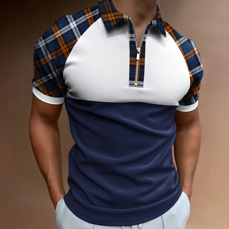 Men's Golf Shirt Print Plaid Turndown Casual Daily Vacation Zipper Print Short Sleeve Tops Casual Fashion Breathable Comfortable Blue Summer Shirt Quick Dry