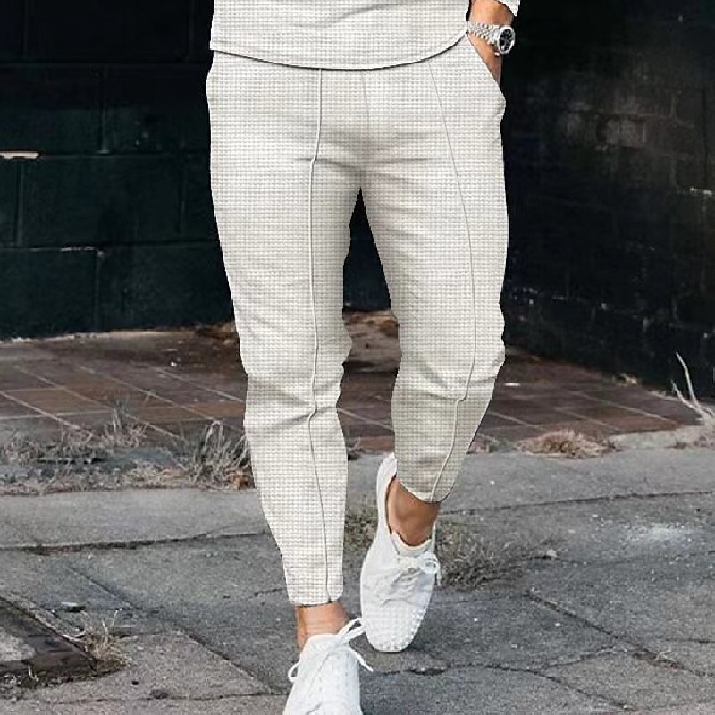 Men's Plaid Drawstring Trousers Pocket Solid Color Pants