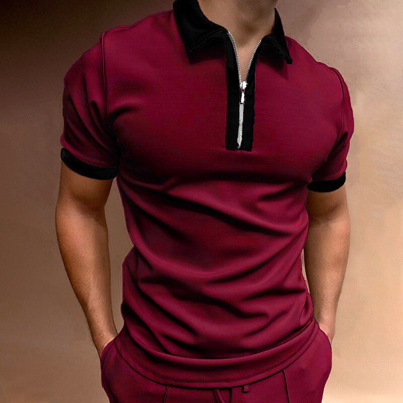 Men's Golf Shirt non-printing Solid Color Zipper Patchwork Short Sleeve Tops 