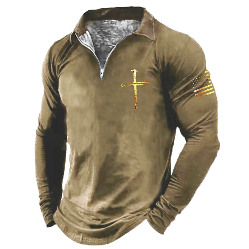 Men's Casual Solid Nation Flag Print Lapel Zipper Long Sleeve Shirt