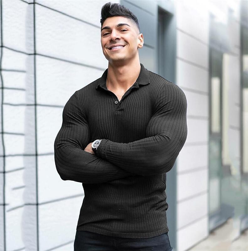 Men's Long-sleeved Knitted Elastic Breathable Lapel Fitness T-shirt
