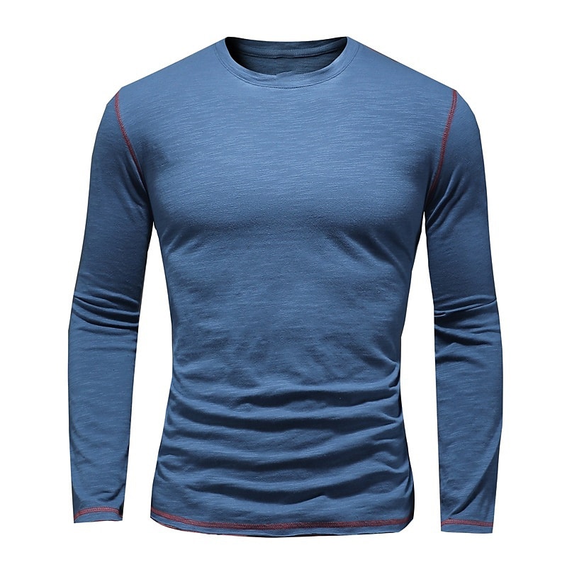 Men's Casual Solid Color Crew Neck Long Sleeve Patchwork Cotton Shirt