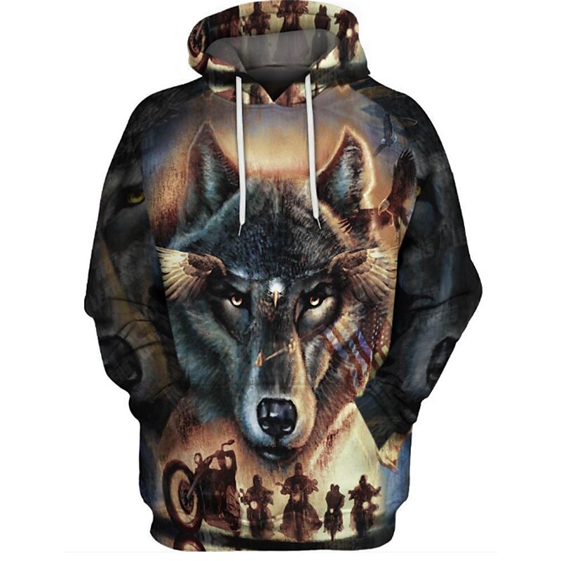 Men's Casual Wolf Graphic Print Hooded Long Sleeve Basic Sweatshirt