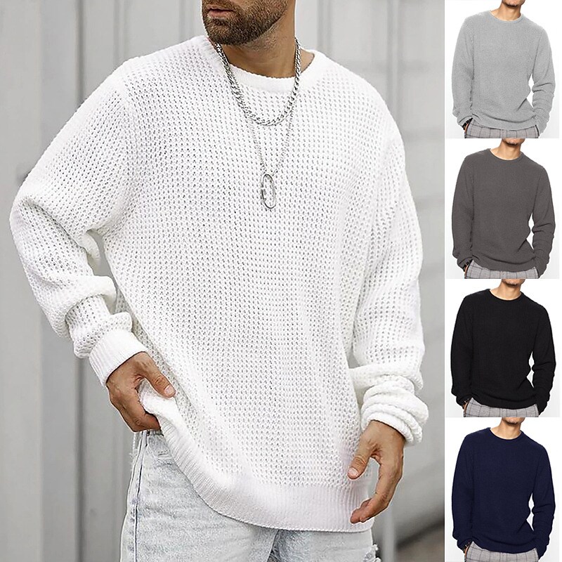 Men's Waffle Knit Solid Color Crew Neck Basic Long Sleeve Sweater
