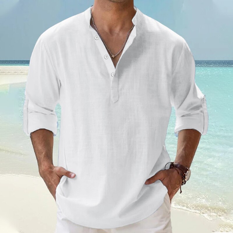 Men's Linen Shirt Popover Shirt Casual Shirt Beach Shirt Black White Pink Long Sleeve Plain Henley Hawaiian Top