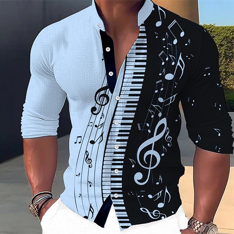 Men's Linen Shirt Graphic Prints Music Notes Stand Collar Outdoor Street Long Sleeve Casual Shirt 