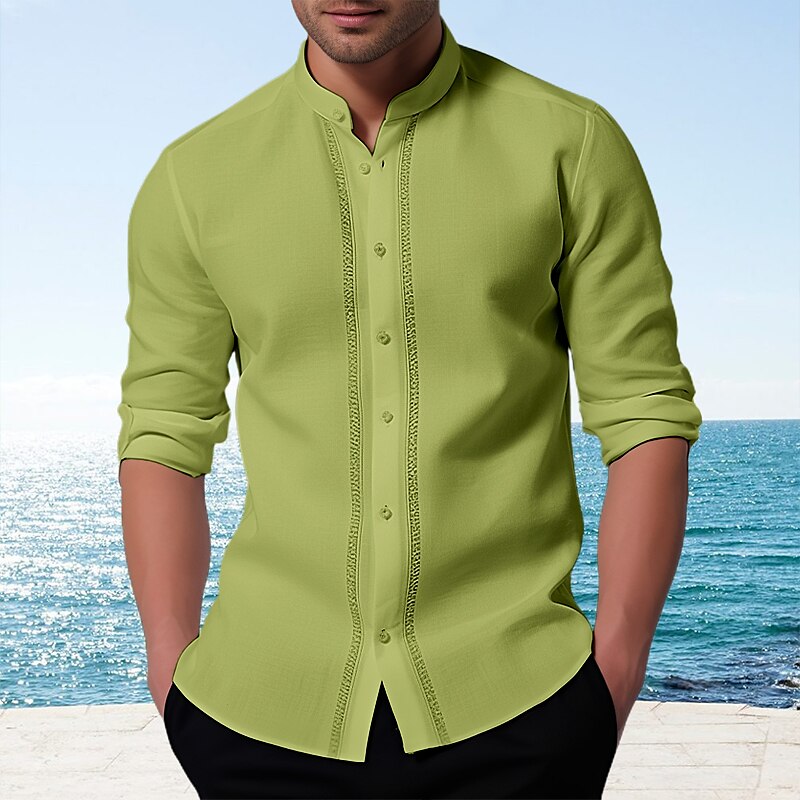 Men's Guayabera Button Up Casual Shirt Summer Shirt  Long Sleeve Patchwork Band Collar Casual Comfortable Shirt