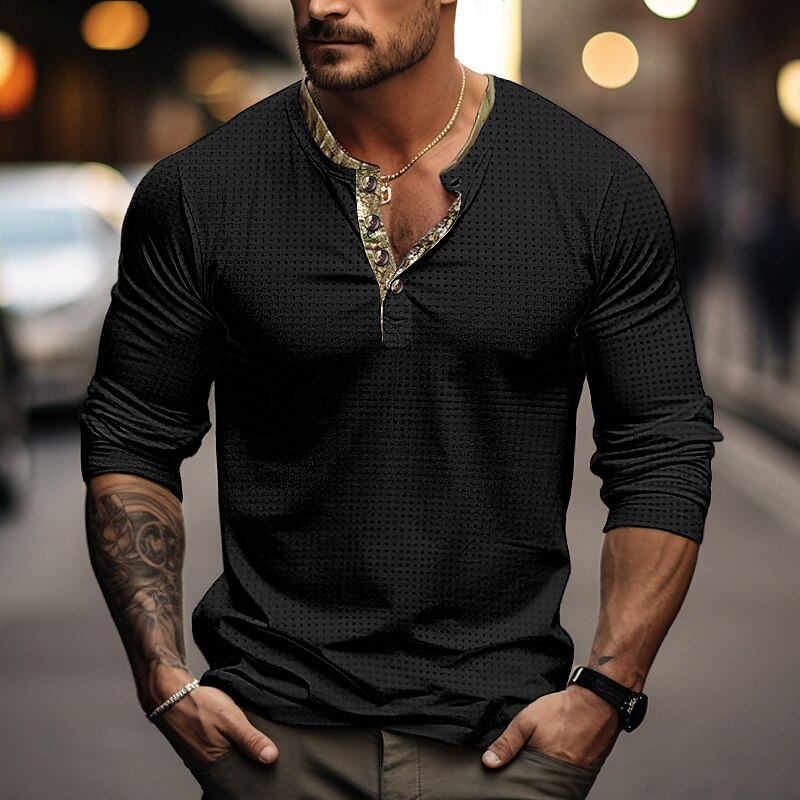 Men's Waffle Henley Shirtt Top Patchwork Henley Street Vacation Long Sleeve Fashion Designer  Henley Shirt