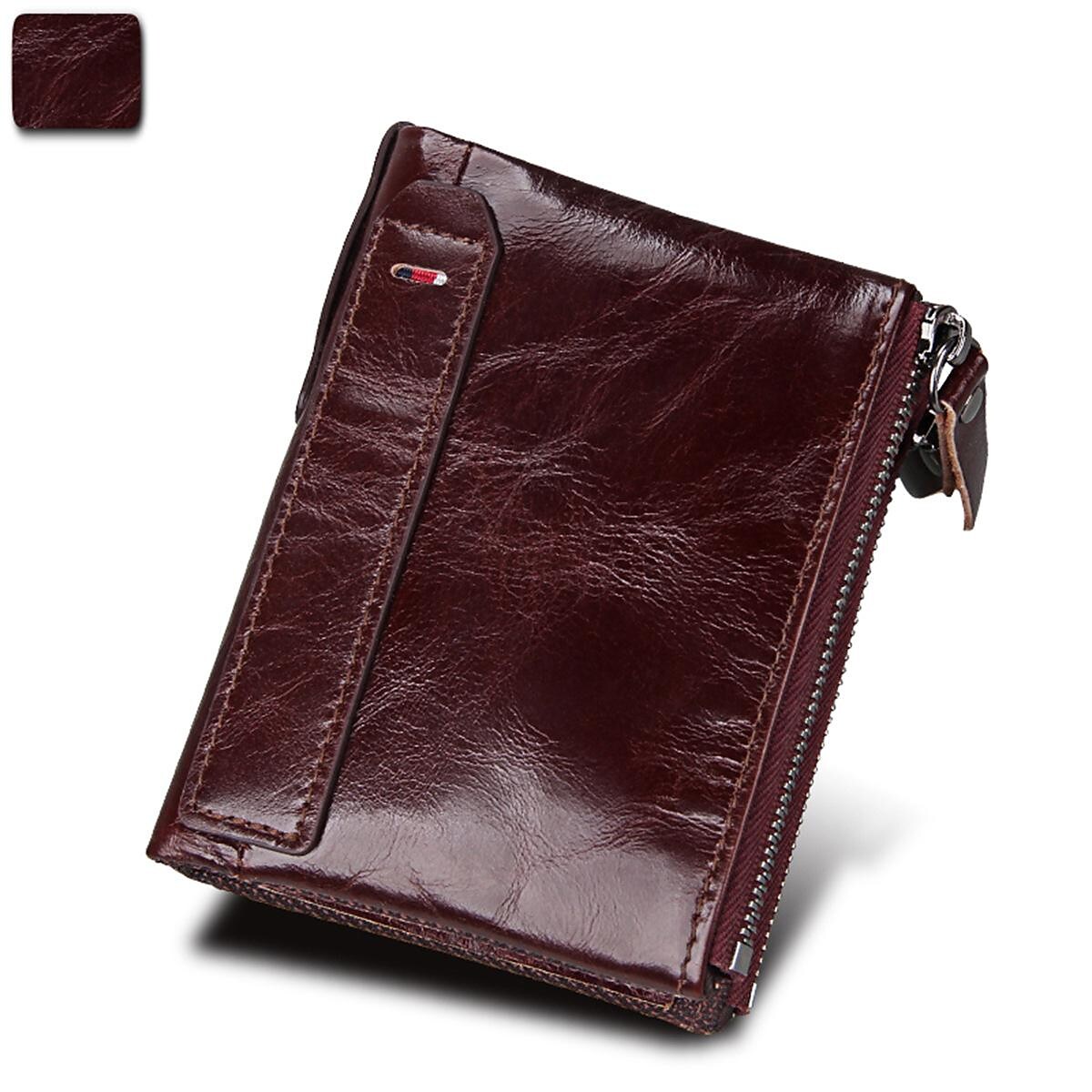 crazy horse cowhide men's wallet rfid anti-theft brush cowhide short men's bill clip wallet double zipper coin purse
