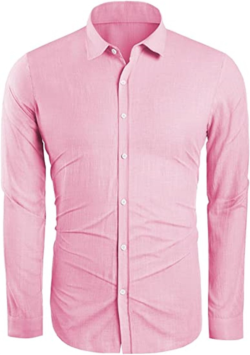 Men's Linen Solid Color Turndown Pink Outdoor Street Long Sleeve Top