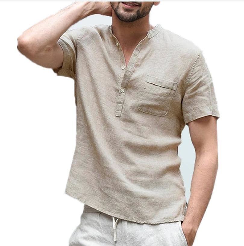 100% Cotton men‘s v-neck men‘s t-shirt flax loose undershirt solid color short-sleeved cotton  linen t-shirt men‘s casual hair