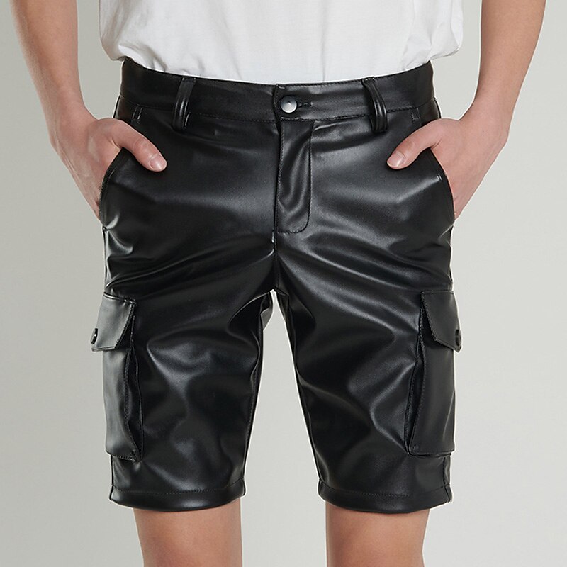 Men's Faux Leather Shorts Cargo Pocket Plain Comfort Breathable Outdoor Daily Going out Fashion Casual Shorts 