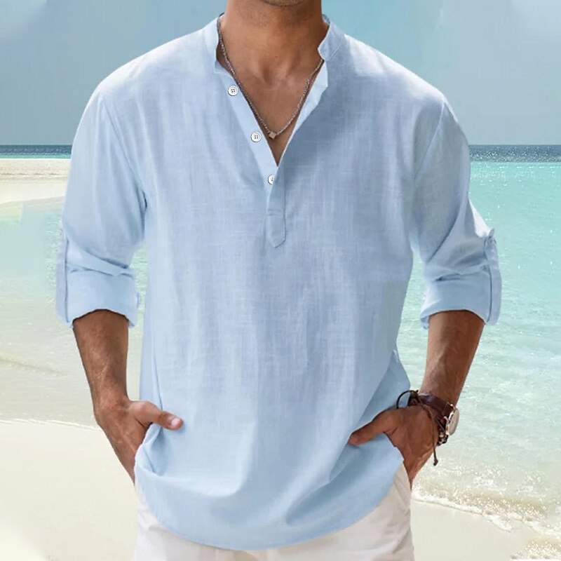 Men's Linen Shirt Popover Shirt Casual Shirt Beach Shirt Black White Pink Long Sleeve Plain Henley Hawaiian Top