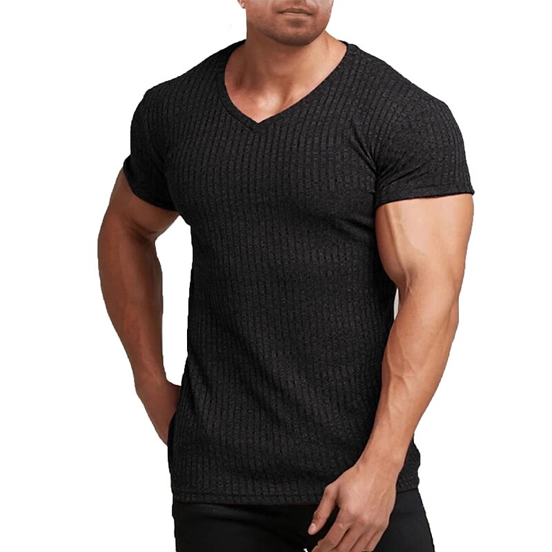 Men's Muscle T-shirt Stretch Short Sleeve V-neck Bodybuilding T-shirt