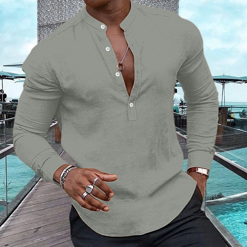 Men's Shirt Casual Summer Beach Shirt Long Sleeve Plain Henley Spring Casual Daily  Top