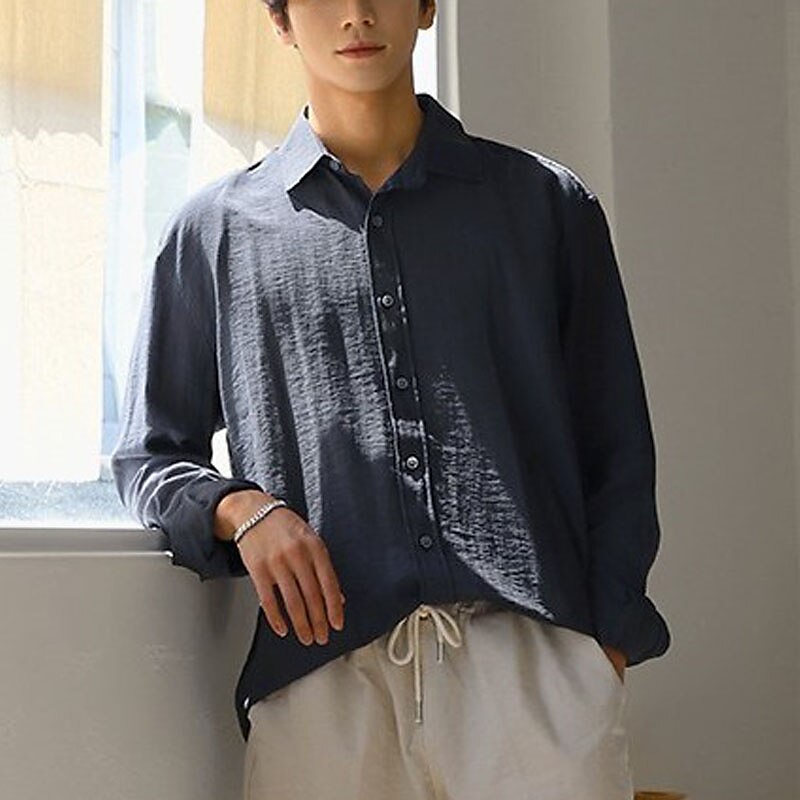 Men's Shirt Linen Shirt Summer Shirt Beach Shirt Black White Navy Blue Long Sleeve Plain Lapel Spring & Summer Casual Daily Shirt