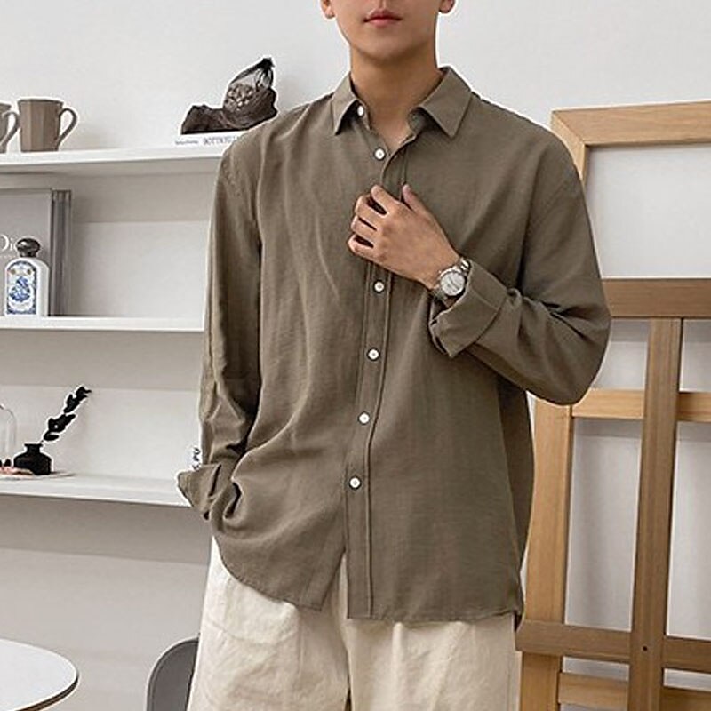 Men's Shirt Linen Shirt Summer Shirt Beach Shirt Black White Navy Blue Long Sleeve Plain Lapel Spring & Summer Casual Daily Shirt