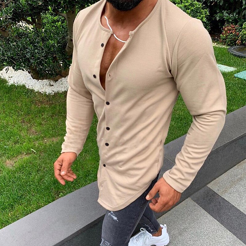 Men's Casual Long Sleeve Cotton Collar Lightweight Muscle Shirt