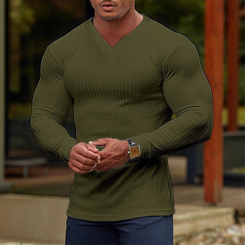 Men's T shirt Plain Pit Strip V Neck Street Vacation Long Sleeve Clothing Apparel Fashion Designer Basic Top 