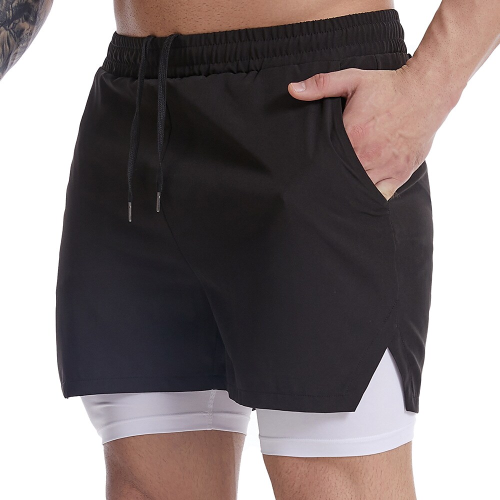 Men's Running Workout Shorts Side Pockets 2 in 1 Bottoms Athletic Breathable Moisture Wicking Soft Fitness Gym Workout Running Sportswear 