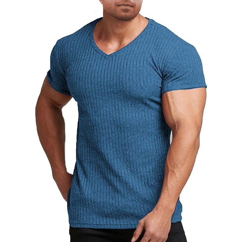 Men's Muscle Tshirt Stretch Short Sleeve Vneck Bodybuilding Tshirt