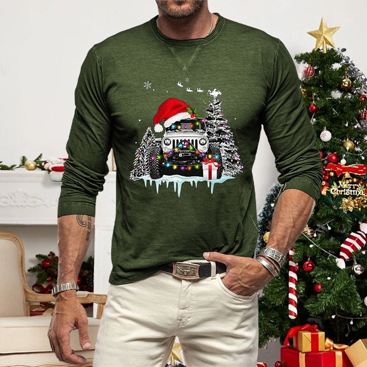 Men's Casual Christmas Car Print Crew Neck Long Sleeve Shirt