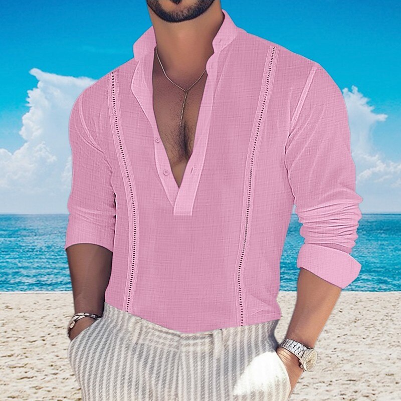Men's Linen Shirt Button Up Summer Beach Shirt Long Sleeve Color Block Standing Collar Spring & Summer Casual Daily Top