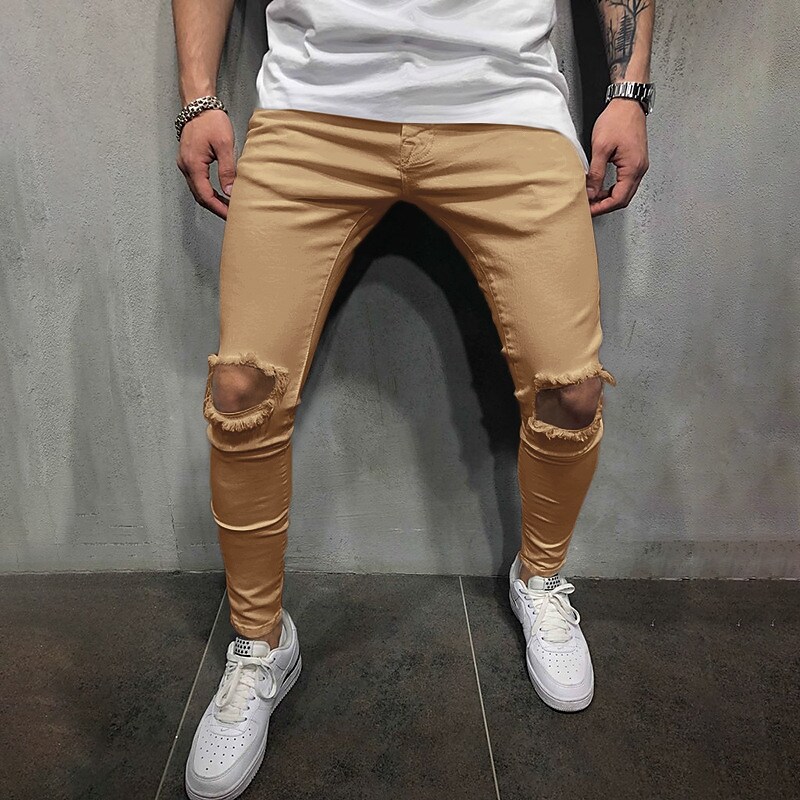 Men's Trousers Casual Pants Ripped Straight Leg Solid Colored Comfort