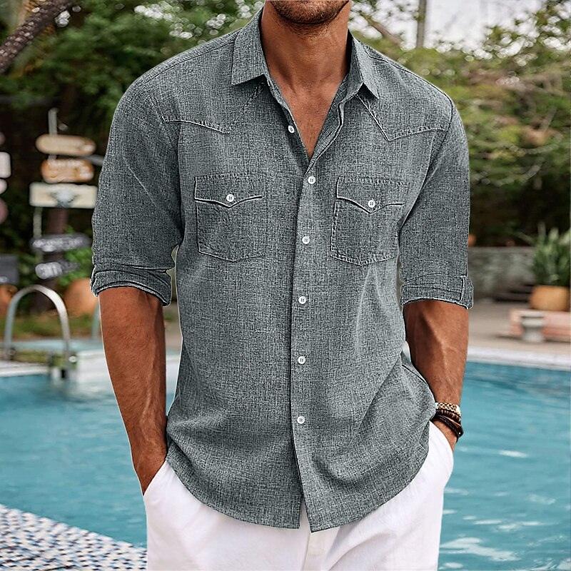 Men's Summer Western Shirt Long Sleeve Plain Lapel Casual Daily Pocket Shirt 