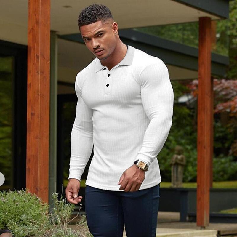 Men's Long-sleeved Knitted Elastic Breathable Lapel Fitness T-shirt
