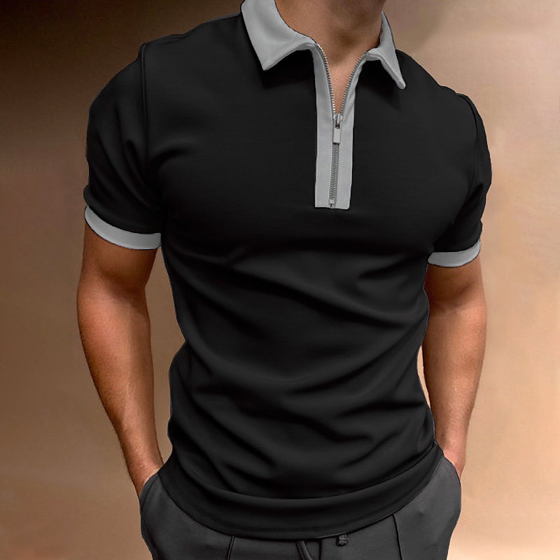 Men's Golf Shirt non-printing Solid Color Zipper Patchwork Short Sleeve Tops 