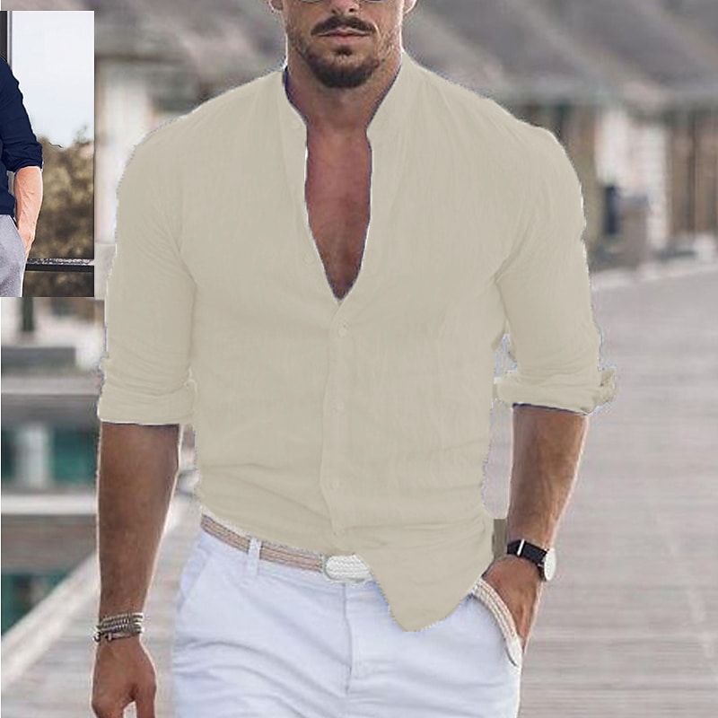 Men's Solid Color Collar Street Long Sleeve Cotton Lightweight Casual