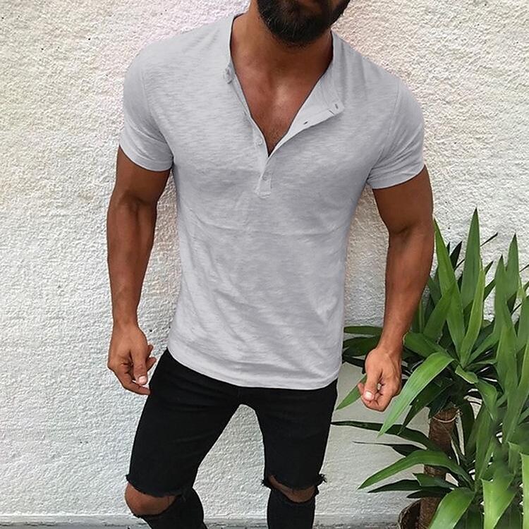 men's solid color stand-up collar loose casual round neck shirt